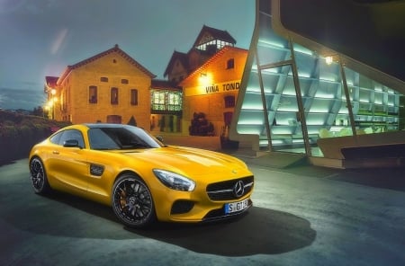 Mercedes-AMG GT - 2015 - cars, yellow, attractions in dreams, 2015, Mercedes-AMG GT, houses, love four seasons