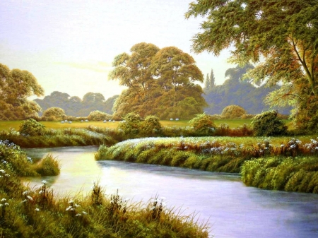 Peacefull landscape - nature, painting, tree, river