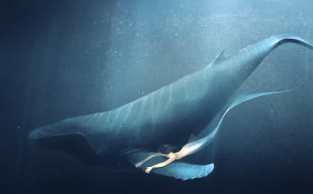 Friends - whale, blue, girl, sea, ocean, tail, fantasy, mermaid, underwater, woman, art