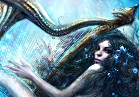 Mermaid song - fantasy, mermaid, instrument, girl, woman, blue, art