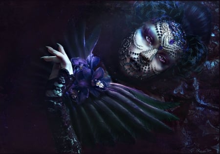 Bathoriya Mysterium Tremendum - girl, orchid, feather, fan, flower, dark, black, fantasy, purple, mask, woman, art