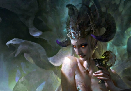 Dragon girl - snake, queen, girl, dark, horns, fantasy, dragon, woman, guangjian huang, art, luminos