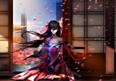 Samurai - anime, blue, girl, sword, kimono, petals, pink, samurai, manga, mikazuki industry, woman, katana, art