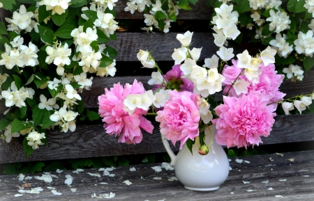 Peonies - vase, peony, white, green, flower, pink, still life