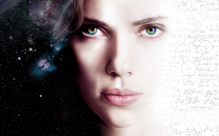 Lucy (2014) - woman, actress, movie, girl, scarlett jonhansson, blue eyes, fantasy, black, face, white, lucy