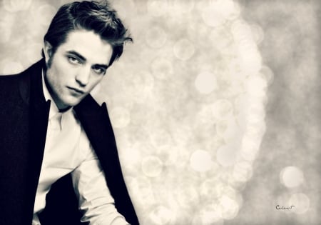 Robert Pattinson - white, black, bokeh, robert pattinson, bw, by cehenot, actor, man