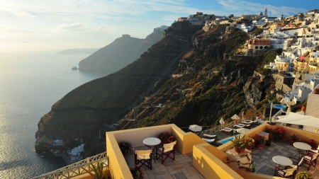 gorgeous view from a cliffside town on a greek isle - town, view, cliffs, island, sea, terrace