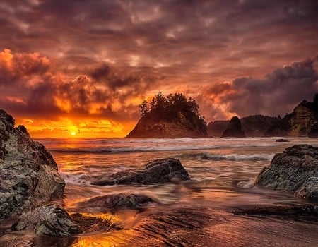 Fire in the sky - sky, sunset, sea, rocks