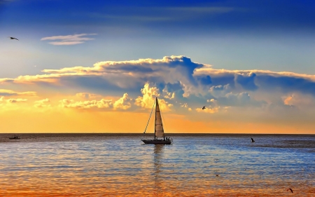 sailboat in a calm sea - calm, horizon, clouds, sunset, sailboat, sea