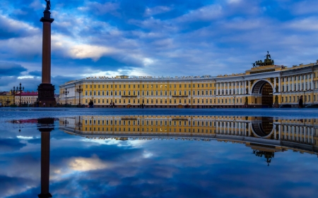 winter palace in saint petersburg - square, puddle, palca, statue, reflection, column