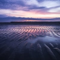 sand ripples on a beach at a pink sunset