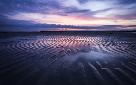 sand ripples on a beach at a pink sunset - sand, pink, beach, sunset, sea, ripples