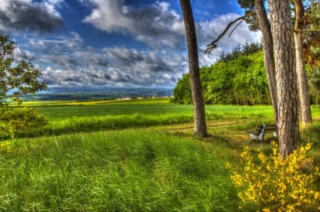 lovely overlook of fields in germany hdr - clouds, trees, fields, hdr, bench, grass, overlook