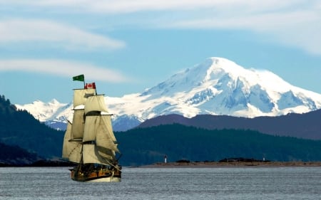 canadian tall ship - flag, sails, mountains, bay, tall ship