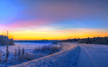 siberian winter landscape hdr - trees, winter, countryside, sunset, hdr, road