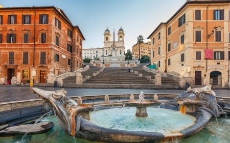 fontana-della-barcaccia and spanish steps in rome - city, steps, fountain, plaza