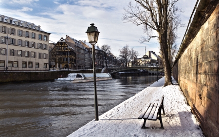 tour boat in a strasbourg river in winter - river, winter, embankment, boat, bench, city