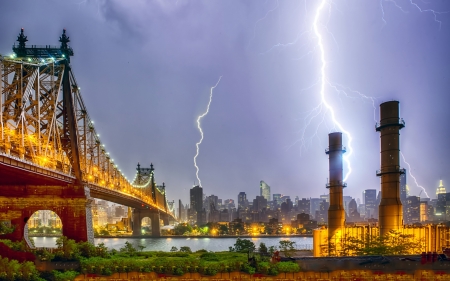 lightning storm in new york city hdr - storm, river, hdr, city, lightning, bridge