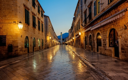 rain soaked street in dubrovnik croatia - street, rain, city, stones, dusk, lights