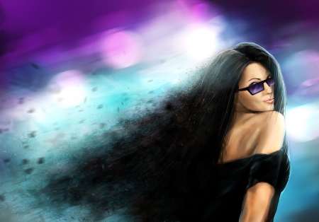 Sun Glitter - women, colorful, long hair, sunglasses, wind