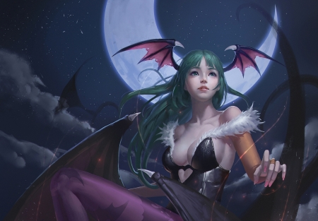 Morrigan - pretty, anime, female, night, morrigan, dark, bats, sky, clouds, videogames, moon, beautiful, vampire, lady, woman, wings, demon