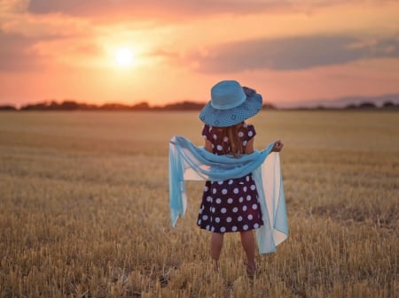 Girl - field, girl, hatt, blue