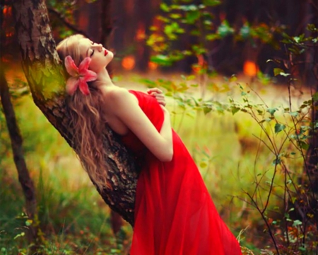 Lady in Red - woman, red, tree, model, flower