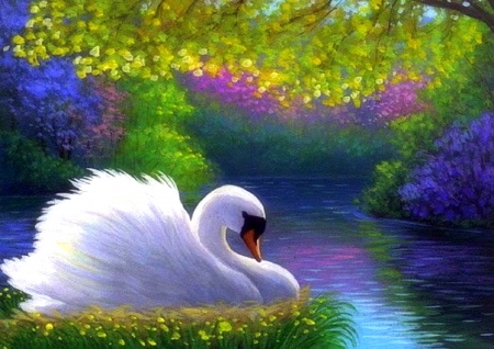 Swan Lake - attractions in dreams, paintings, spring, flowers, swans, lakes, love four seasons, draw and paint, animals