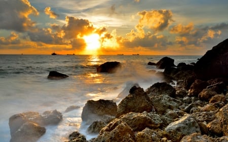 Sunset - cloud, sky, rock, tree, sunset, ocean, nature