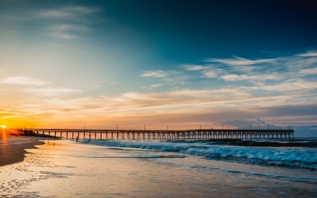 Pier - nature, pier, water, tree, sunset