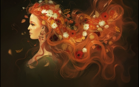 Autumn - flower, black, flowers, dark, painting art, girl, redhead, art, white, fantasy, orange, hair, painting, woman, autumn