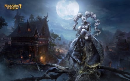 The Guardian - blue, mansion, wolf, night, dark, full, halloween, luminos, luna, house, moon, werewolf, game, forsaken world, girl, beauty, black, woman