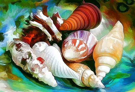 Shells - summer, shell, yellow, blue, art, white, brown, orange, painting, green