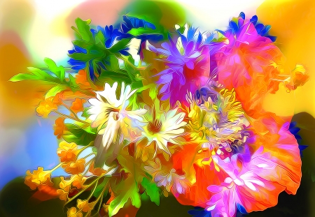 Flowers - poster, blue, daisy, flower, pink, orange, colorful, white, green, painting, art