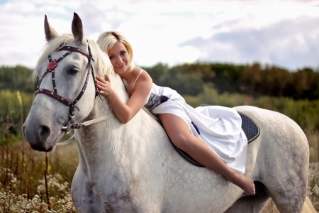 A Special Friendship - women, fun, girls, models, female, trees, cowgirl, field, hats, western, style, fence, fashion, outdoors, blondes, horse, ranch, blonde