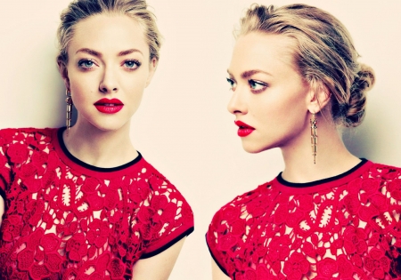 Amanda Seyfried - woman, actress, couple, collage, girl, model, white, red, amanda seyfried, by cehenot, blonde