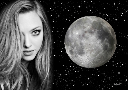 Amanda Seyfried - moon, woman, sky, actress, girl, bw, black, face, white, star, full, by cehenot, amanda seyfried, luna