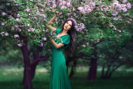 Beauty - woman, beauty, girl, model, spring, pink, green, tree, brunette, flower