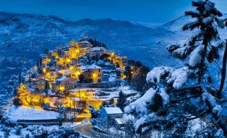 beautiful hillside village in winter hdr - mountains, lights, winter, evening, village, hills, hdr