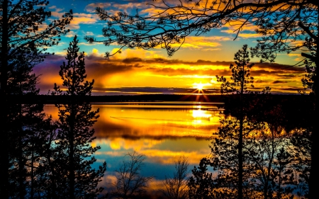 magnificent lake sunset - lake, trees, sunset, reflection