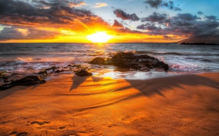 superb sunset at the beach hdr - rocks, beach, sunset, sea, waves, hdr