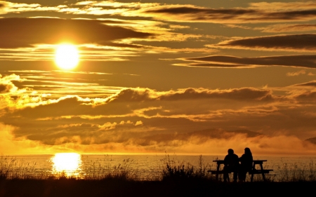 sunset for couple - lake, couple, bench, shore, sunset, reeds