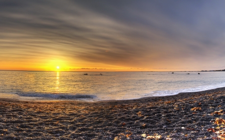 sunset on pebble beach hdr - pebbles, beach, sunset, sea, hdr