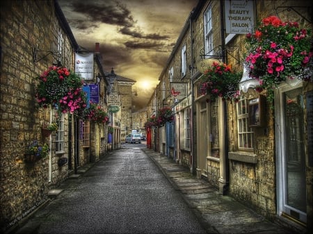 sweet village street hdr - village, street, shops, flowers, hdr