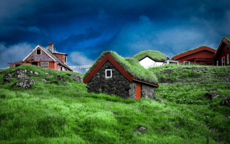 old village on a faroe island - village, hill, grass, sky