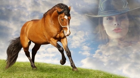 Cowgirl and Her Horse - sky, horse, cowgirl, beauty, clouds, collage, ranch, woman