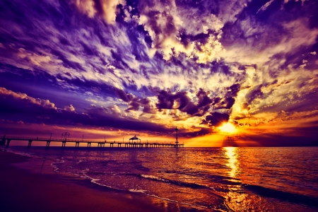 FABULOUS SUNSET - sky, pier, clouds, sunset, sea