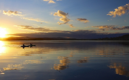 two canoes in a calm morning - morning, canoes, calm, lake