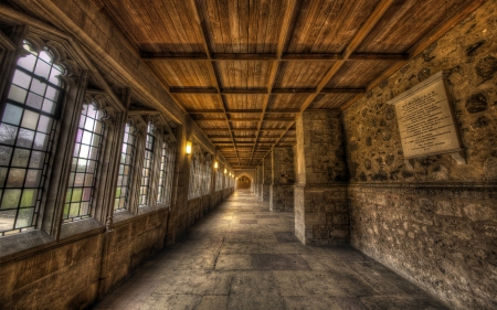 vanishing point hallway hdr - old, building, hallway, windows, stone, hdr