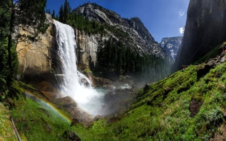 vernal falls in yosemite national park - mountains, rainbow, cliffs, gorge, falls